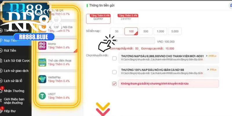 Hướng dẫn chi tiết các bước nạp tiền RR88